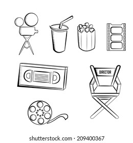 a lot of sketches of cinema related objects on white background