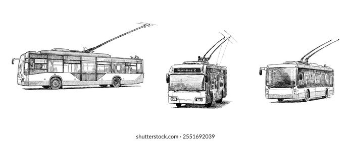 Sketches of city trolleybus,  passenger transportation, realistic hand drawings, vector illustration isolated on white