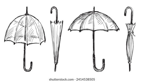 Sketches of closed and opened umbrellas, hand drawn vector illustration isolated on white