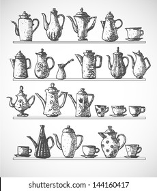 Sketches of coffee objects. Hand drawn with ink in vintage style. Vector illustration.