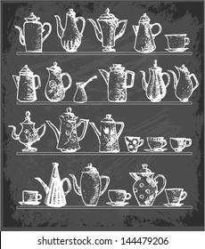 Sketches of coffee objects on blackboard, Vector illustration.