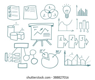 Sketches collection. For business, work, study. Graphs, calculations, scheme, tables. Vector. Monochrome colors.