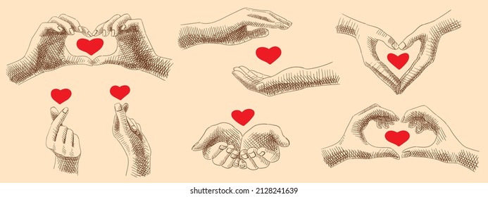 Sketches collection of hand gestures, signs and symbols using fingers, showing heart's shape. Vintage images, hand-drawn, vector. Romantic sensitive collection. Valentine's day illustration.