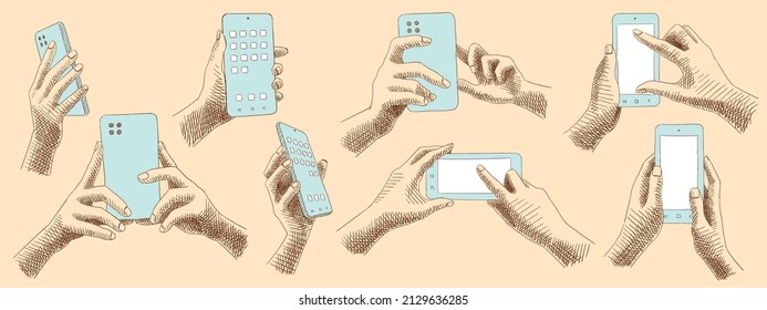 Sketches collection of hands holding smartphone, from different angles. Technologies, gadgets and their management. Clicking, installation, setting gadgets. Vintage images, hand-drawn, vector.
