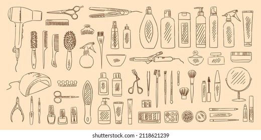 Sketches collection of tools for manicure, pedicure, hair care, facial cosmetics. Icons for a beauty salon and nails art. Vintage brown and beige design elements, hand-drawn, vector. Old design.