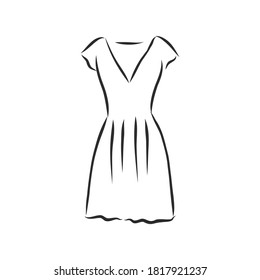 Sketches collection of women's dresses. Hand drawn vector illustration. Black outline drawing isolated on white background women's dress, vector sketch illustration