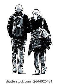 Sketches of couple casual city pedestrians walking outdoors, tourists, back view, realistic hand drawn vector illustration isolated on white