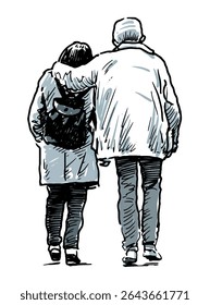 Sketches of couple casual elderly people, city pedestrians walking outdoors, back view, realistic hand drawn vector illustration isolated on white