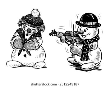 Sketches of couple snowmen in love, cartoon musician violonist playing violin for woman snowman, hand drawn vector illustration isolated on white background