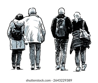 Sketches of couples casual city pedestrians, back view, realistic hand drawn vector illustration isolated on white