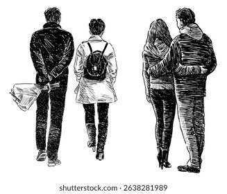 Sketches of couples casual young people silhouettes outdoors, realistic hand drawn vector illustration