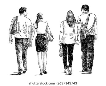 Sketches of couples casual young townspeople walking outdoors on summer day, back view, realistic hand drawn vector illustration