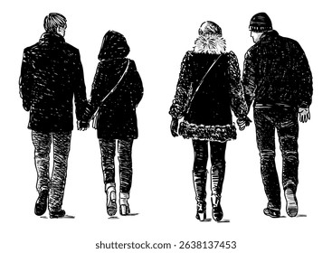 Sketches of couples young people silhouettes walking outdoors, realistic hand drawn vector illustration
