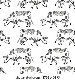 sketches of cows seamless pattern drawn by hand. livestock. cattle. animal grazing