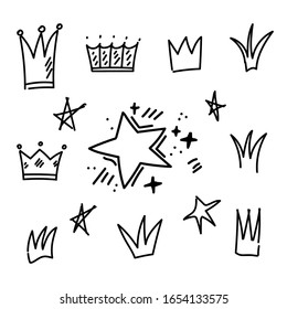 
Sketches of the crown, stars. Black linear drawings on a white background. Vector illustration.