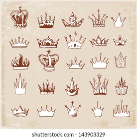 Sketches of crown in vintage style. Vector illustration.