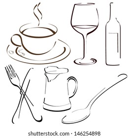 Sketches of cup of coffee, wine glass and bottle, fork, knife, beer, spoon