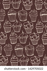  Sketches Cupcakes Background. Birthday cakes, desserts, hand drawing style