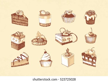 Sketches of cupcakes, berry pie and chocolate tiered cake