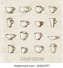 Sketches of cups in vintage style. Hand-drawn with ink. Vector illustration. 