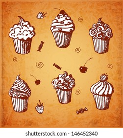 Sketches of cute cupcakes in vintage style. Vector illustration. 