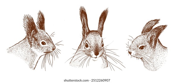 Sketches of cute wild forest red squirrels heads, realistic hand drawin portraits, vector illustration isolated on white