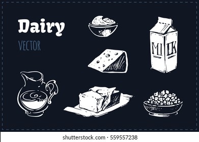 sketches of dairy products - milk, cheese, cottage cheese, sour cream and butter. isolated vector. for design of packaging, menus and cookbooks. chalk on a blackboard