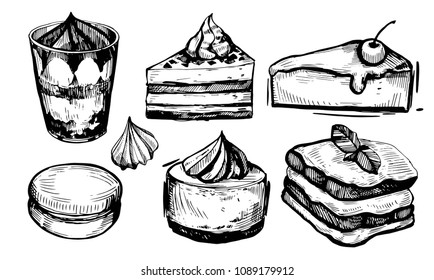 Sketches of dessert. Cakes, tiramisu, meringues. Hand drawn vector