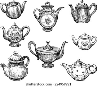 Sketches of different porcelain ceramics teapots collection, vector hand drawn illustration isolated on white