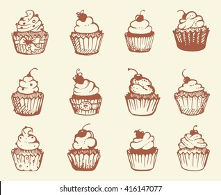 Sketches of different types of cupcakes. Vector illustration