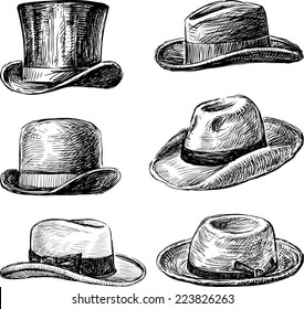 Sketches of different vintage male hats collection, vector hand drawn illustration isolated on white