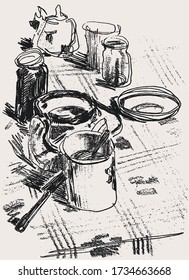 Sketches of dishes on the table during breakfast