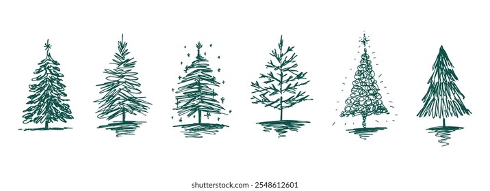 Sketches doodles of different christmas trees silhouettes, vector hand drawn firs illustration, isolated on white