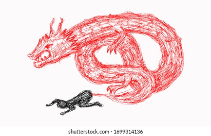 
sketches of dragons and humans using red and black