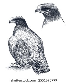 Sketches of eagle bird sitting and watching, profile portrait, realistic hand drawn illustration isolated on white