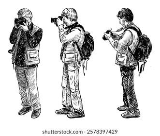 Sketches of elderly photographer tourist with backpack taking pictures on camera, realistic hand drawn vector illustration