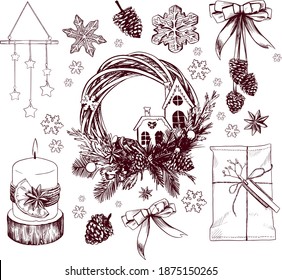 
Esbozos de elementos de la decoración de la casa de Año Nuevo y Navidad y un ambiente acogedor en el apartamento durante las vacaciones