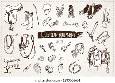 sketches of equestrian equipment, isolated vector. vintage. icons for packaging design and sketch books, hand-drawn cowboy saddle, bridle, equestrian form , reward