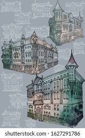 Sketches of the facades of various houses, ancient classical architecture, on a gray background, careless in lines and spots