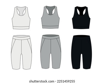 Sketches of fashionable sportswear top and cycling shorts in white, gray and black colors. Outline sport shorts and bra template set, vector. A set of sportswear for cycling, swimming, diving, fitness