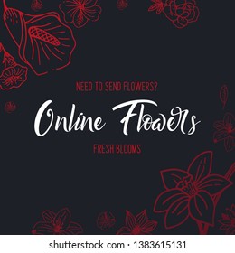 Sketches of flowers on a dark background. Floral banner. Vector illustration