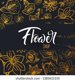 Sketches of flowers on a dark background. Floral banner. Vector illustration