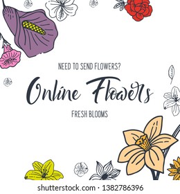 Sketches of flowers on a white background. Floral banner. Vector illustration