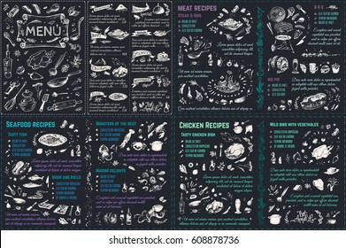 Sketches food - meat, chicken, seafood, spices & cookware. Isolated vector chalk Icons on blackboard. Template 4 restaurant menu design & culinary books