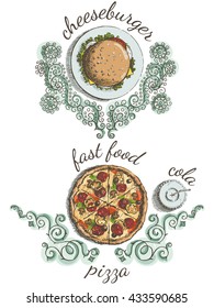 Sketches of food for the menu. Cheeseburger on the plate, pizza and cola with ornament. View from above. Vector illustration.