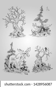 Sketches of the forest with animals and trees. Place in the forest in the style of drawing by hand. Hunting, forest.