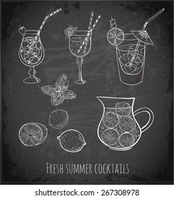Sketches of fresh lemonade, cocktails, lemons, mint on blackboard. Vector illustration.