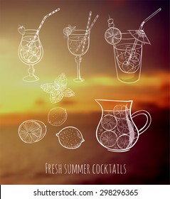 Sketches of fresh lemonade, cocktails, lemons, mint on blurred sunset background. Vector illustration.