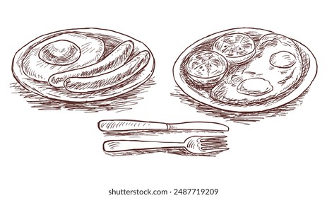 Sketches of fried eggs, sausages, tomates, food for breakfast, plates, knife and fork, hand drawn vector illustration isolated on white