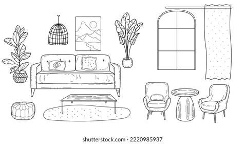 Sketches of furniture for the living room with an arched window, hand-drawn in the style of Art Nouveau and vintage, boho.
